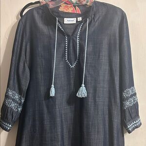 National Embroidered Blue Tunic Dress w/Light Blue Tassels & embroidery accents